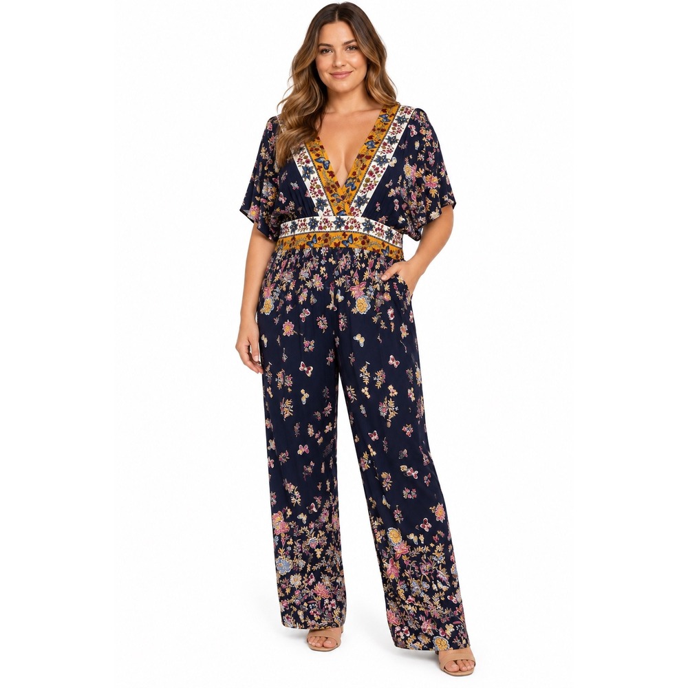 In Loom Floral Butterfly Print Jumpsuit Navy Blue Boho V-Neck Wide Leg Large NWT